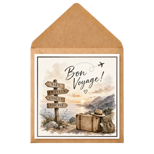 Personalised Bon Voyage Card, Travel Goodbye Card, Adventure Awaits Card, Leaving Gift Card, Gap Year Travel Card