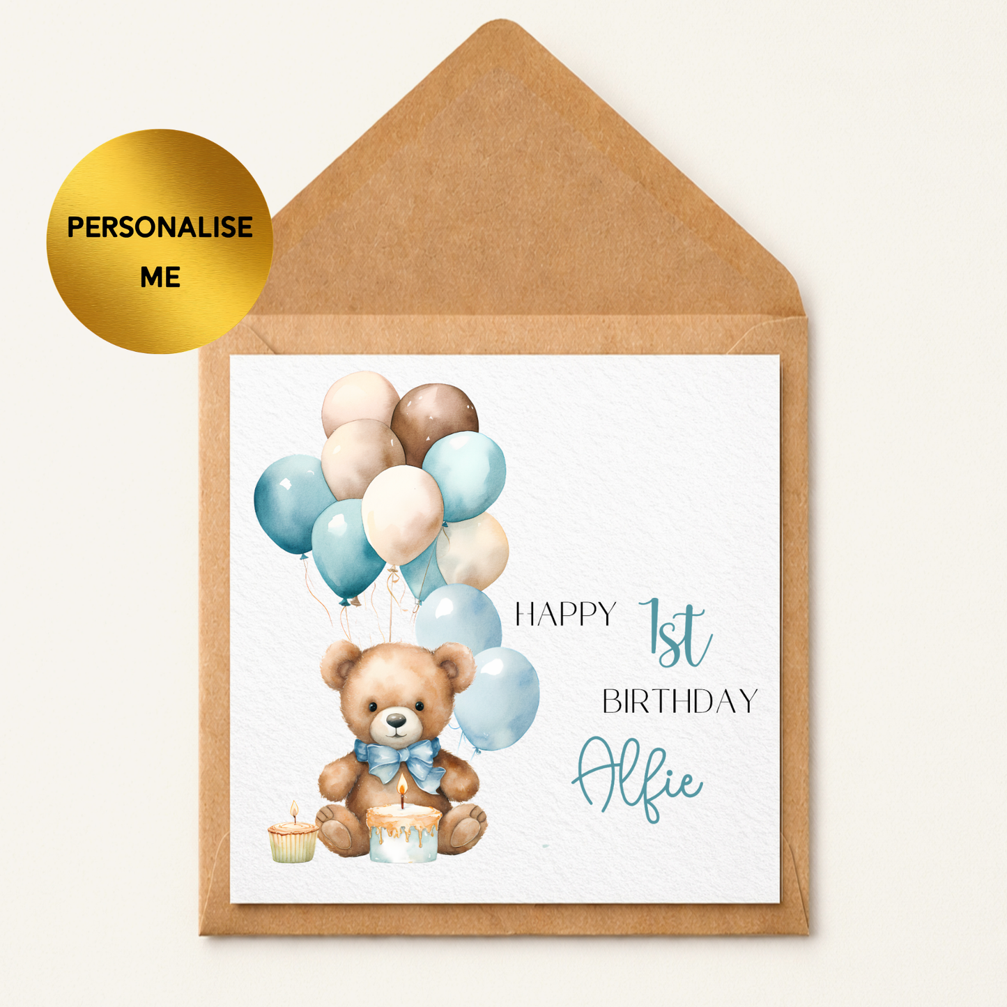 Personalised 1st Birthday Card Boy, Teddy Bear First Birthday Card, Blue Balloon Birthday Card, Baby Boy 1st Birthday Card, Custom Name Card