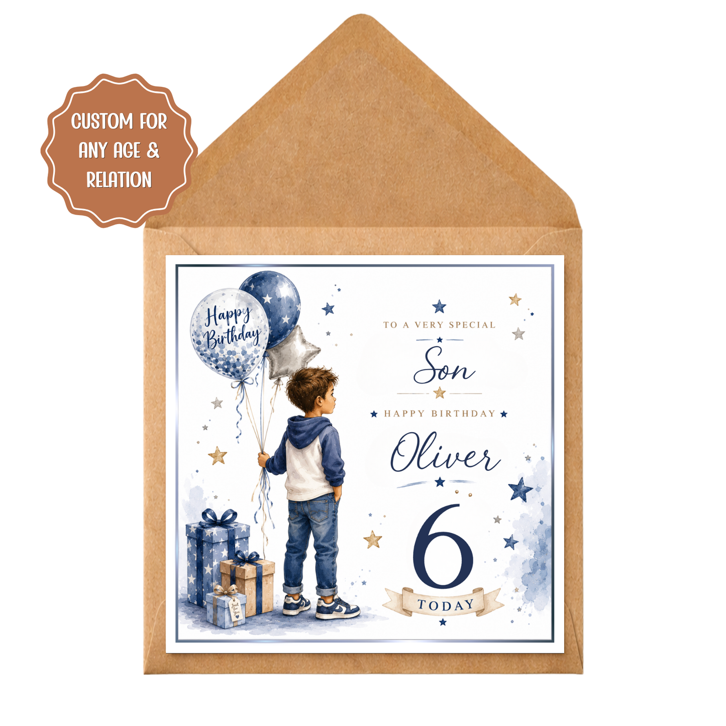Personalised Boys Birthday Card | Custom Son Grandson Brother Birthday Card | Any Age | Blue Watercolour Card | Kids Birthday