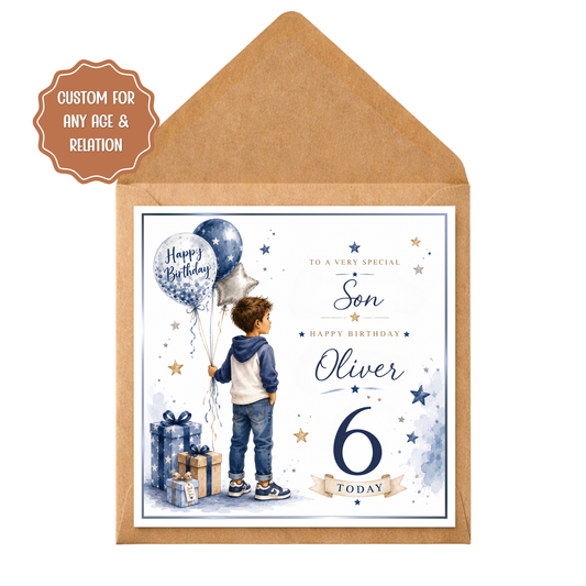 Personalised Boys Birthday Card | Custom Son Grandson Brother Birthday Card | Any Age | Blue Watercolour Card | Kids Birthday