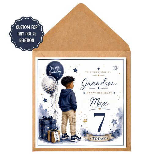 Personalised Boys Birthday Card | Custom Son Grandson Brother Birthday Card | Any Age | Blue Watercolour Card | Kids Birthday
