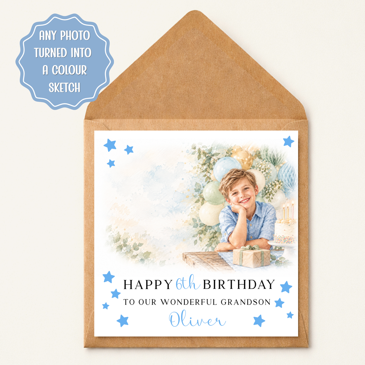 Personalised Birthday Card for Boys, SketchBirthday Greeting Card, Custom Name Card, Blue Stars Design, Son, Grandson, Nephew, Friend