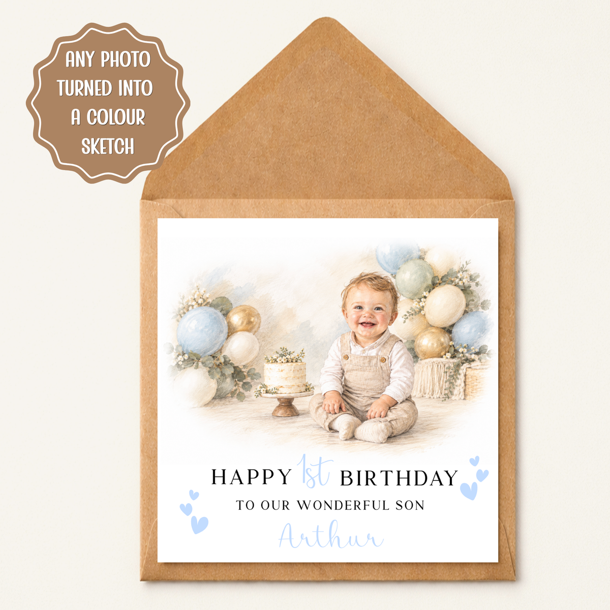 Personalised First Birthday Card, Baby Boy Colour Sketch Greeting Card, Custom Name 1st Birthday Card, Pastel Balloon Design