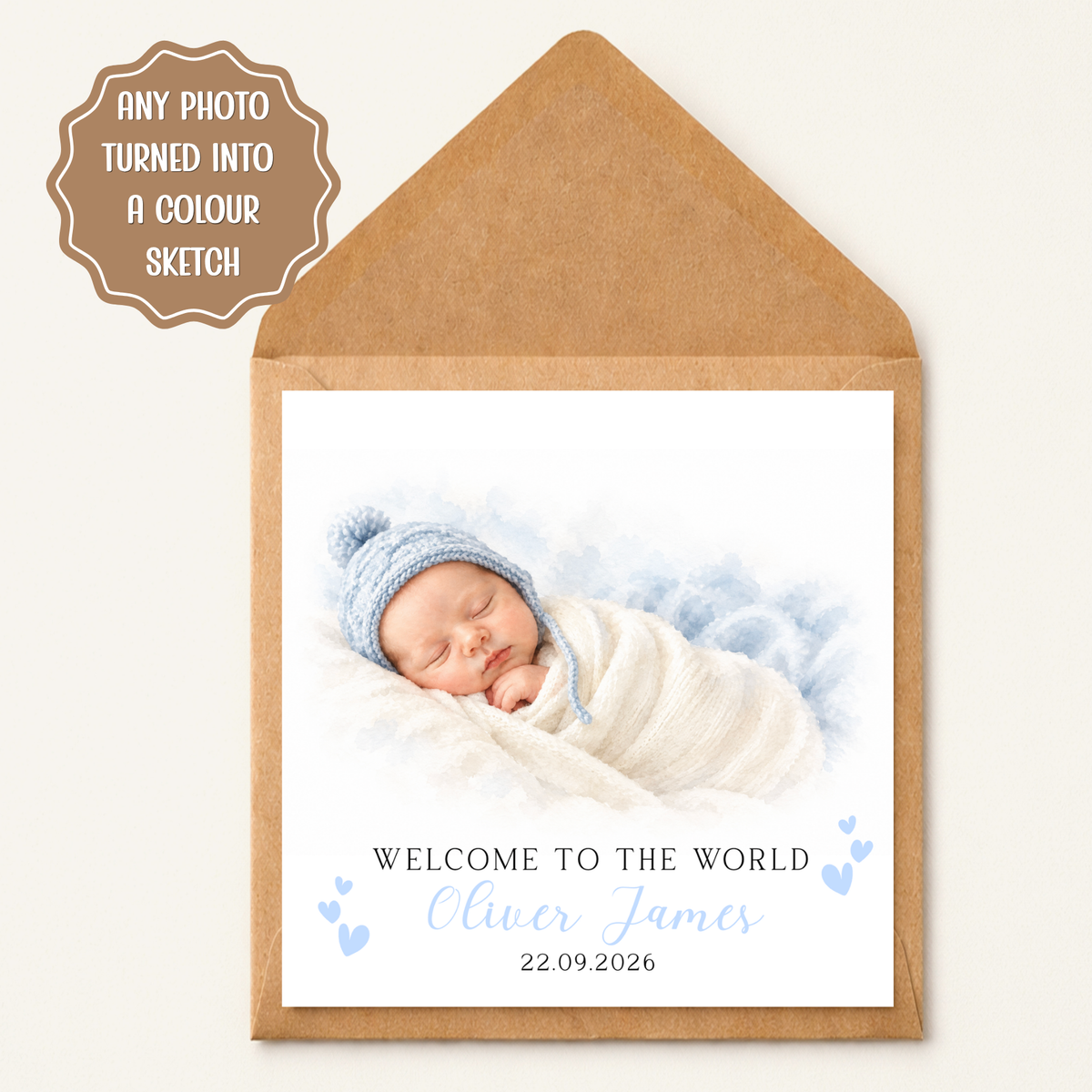 Personalised New Baby Boy Card, Colour Sketch New Baby Greeting Card, Custom Newborn Announcement Card, New Baby Keepsake