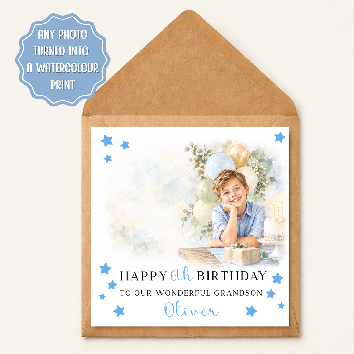 Personalised Birthday Card for Boys, Watercolour Birthday Greeting Card, Custom Name Card, Blue Stars Design, Son, Grandson, Nephew, Friend