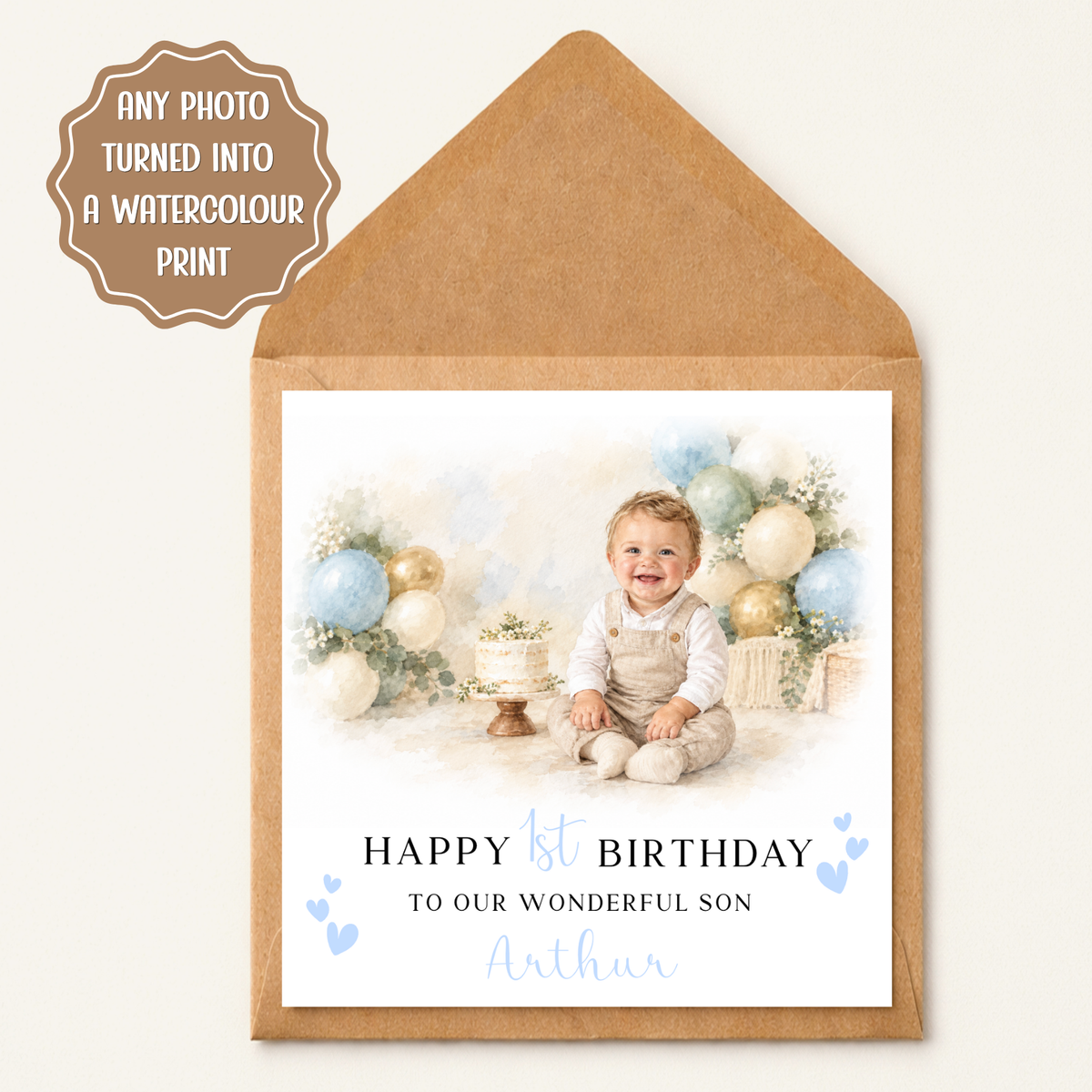 Personalised First Birthday Card, Watercolour Baby Boy Birthday Greeting Card, Custom Name and Age, Pastel Balloon Cake Card