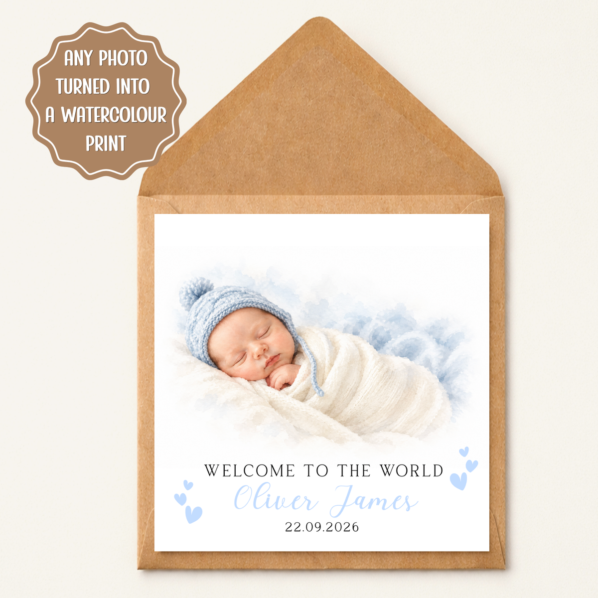 Personalised New Baby Boy Card, Watercolour New Baby Greeting Card, Custom Newborn Announcement Card, New Baby Keepsake, New Baby Boy Card