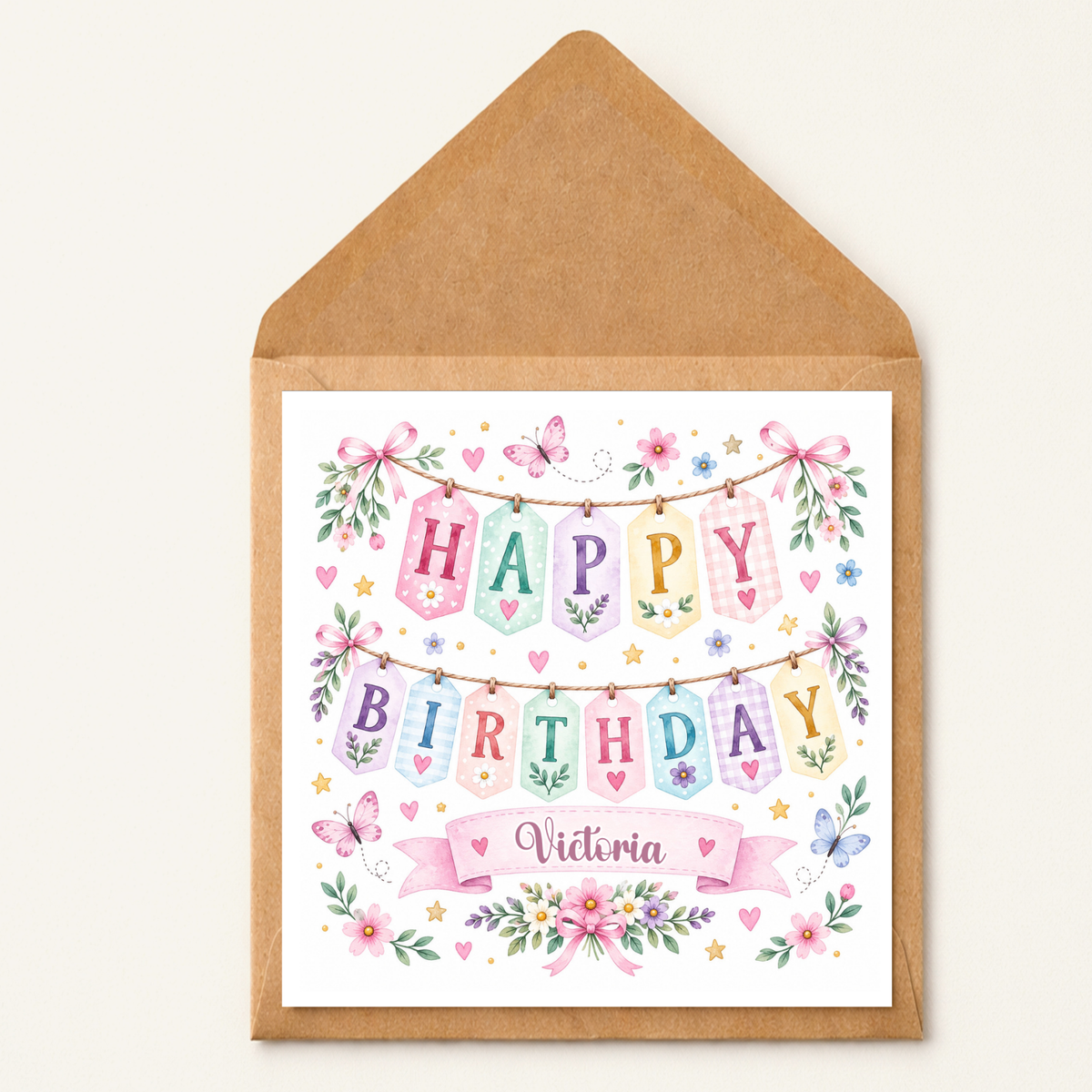 Happy Birthday Bunting Card, Colourful Floral Birthday Card, Cute Birthday Greeting Card, Card for Her, Card for Friend