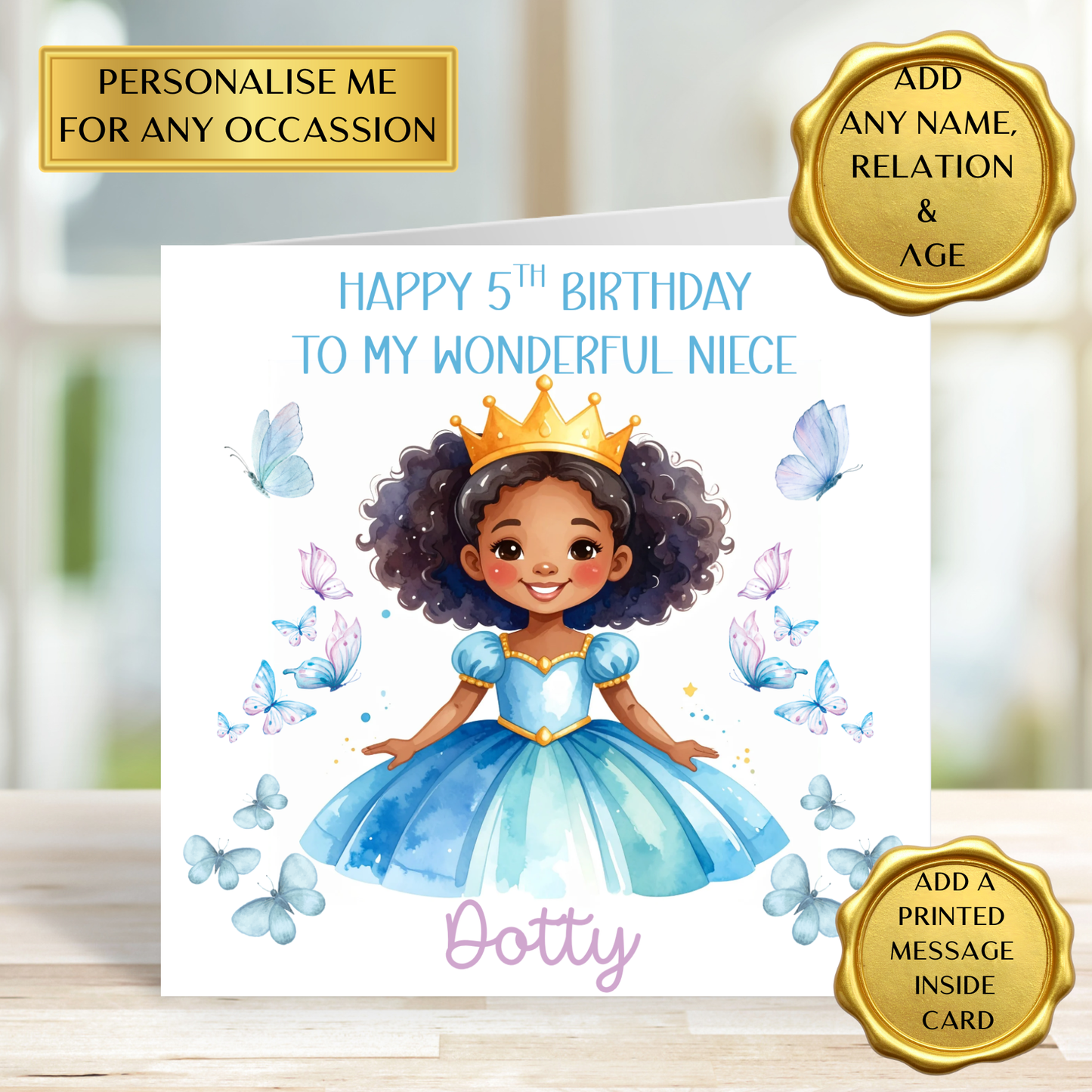 Personalised Princess Birthday Card – Any Name, Age & Relation, Princess Card for Girls, Butterfly Birthday Card, Niece Daughter Sister Granddaughter,