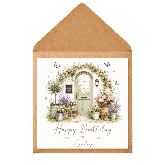 Personalised Floral Cottage Door Birthday Card | Rustic Garden Birthday Card | Custom Name Birthday Card for Her | Handmade Style Greeting Card