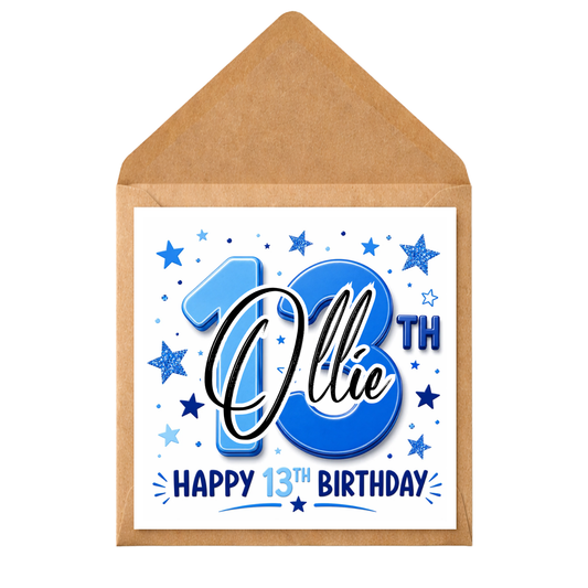 Personalised 13th Birthday Card for Boy | Custom Name 13th Birthday Card | Blue Teenage Birthday Card | Thirteenth Birthday Card Son Grandson
