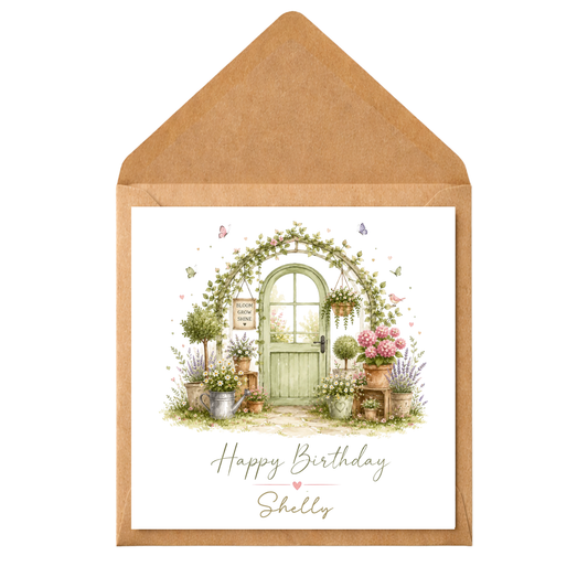 Personalised Floral Cottage Door Birthday Card | Rustic Garden Birthday Card | Custom Name Birthday Card for Her | Handmade Style Greeting Card