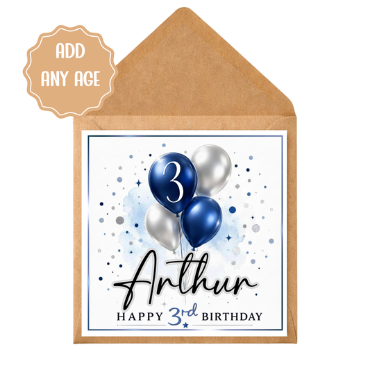 Personalised Birthday Card for Boys | Any Age Birthday Card | Blue Balloon Birthday Card | Custom Name Card | Son Grandson Nephew