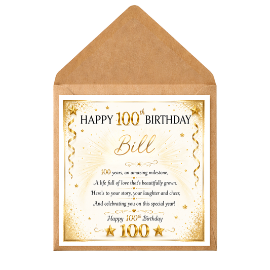 Personalised 100th Birthday Card, 100 Years Old Birthday Card, Custom Name 100th Card, Centenary Birthday Card, Elegant Gold Birthday Card