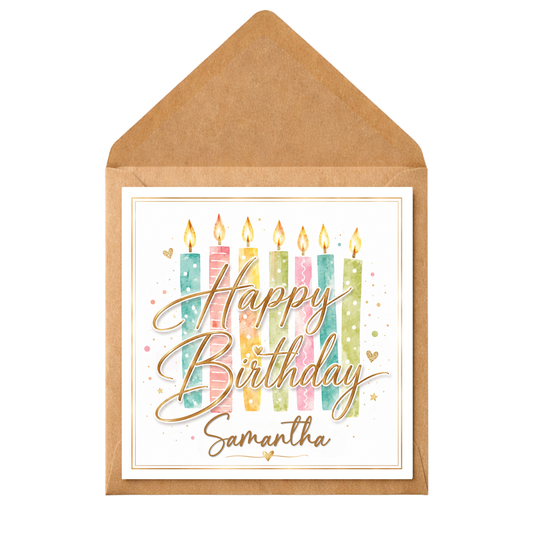 Personalised Happy Birthday Card, Custom Name Birthday Card, Colourful Candle Birthday Card, Personalised Birthday Card For Him Her, Any Name Card