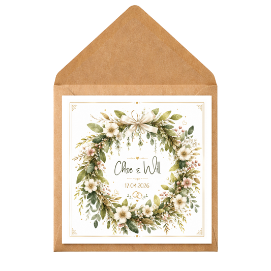 Personalised Wedding Card | Custom Names & Date Wedding Card | Elegant Floral Wreath Card | Bride & Groom Keepsake Card | Rustic Wedding Card