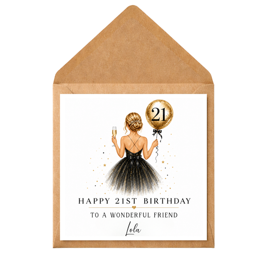 Personalised 21st Birthday Card for Friend | Any Relation Birthday Card | Custom Name Birthday Card | Black & Gold Birthday Card For Her