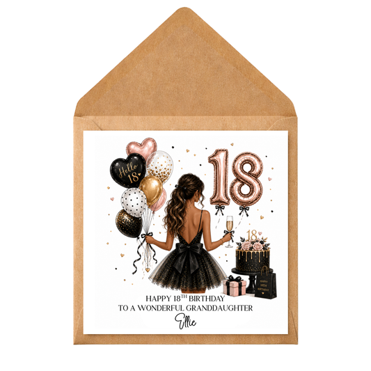 Personalised 18th Birthday Card | Custom Name 18th Birthday Card | Black Gold Birthday Card | Any Relation 18th Birthday