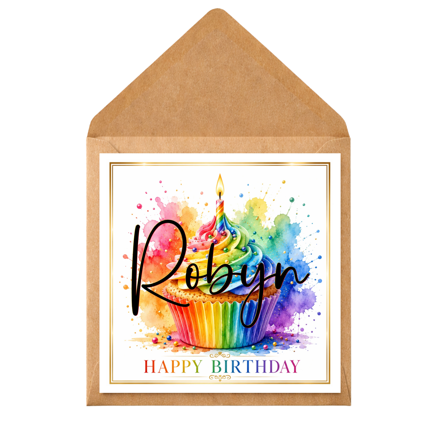 Personalised Rainbow Cupcake Birthday Card | Custom Name Birthday Card | Colourful Watercolour Cupcake Greeting Card | Birthday Card for Her Him Child