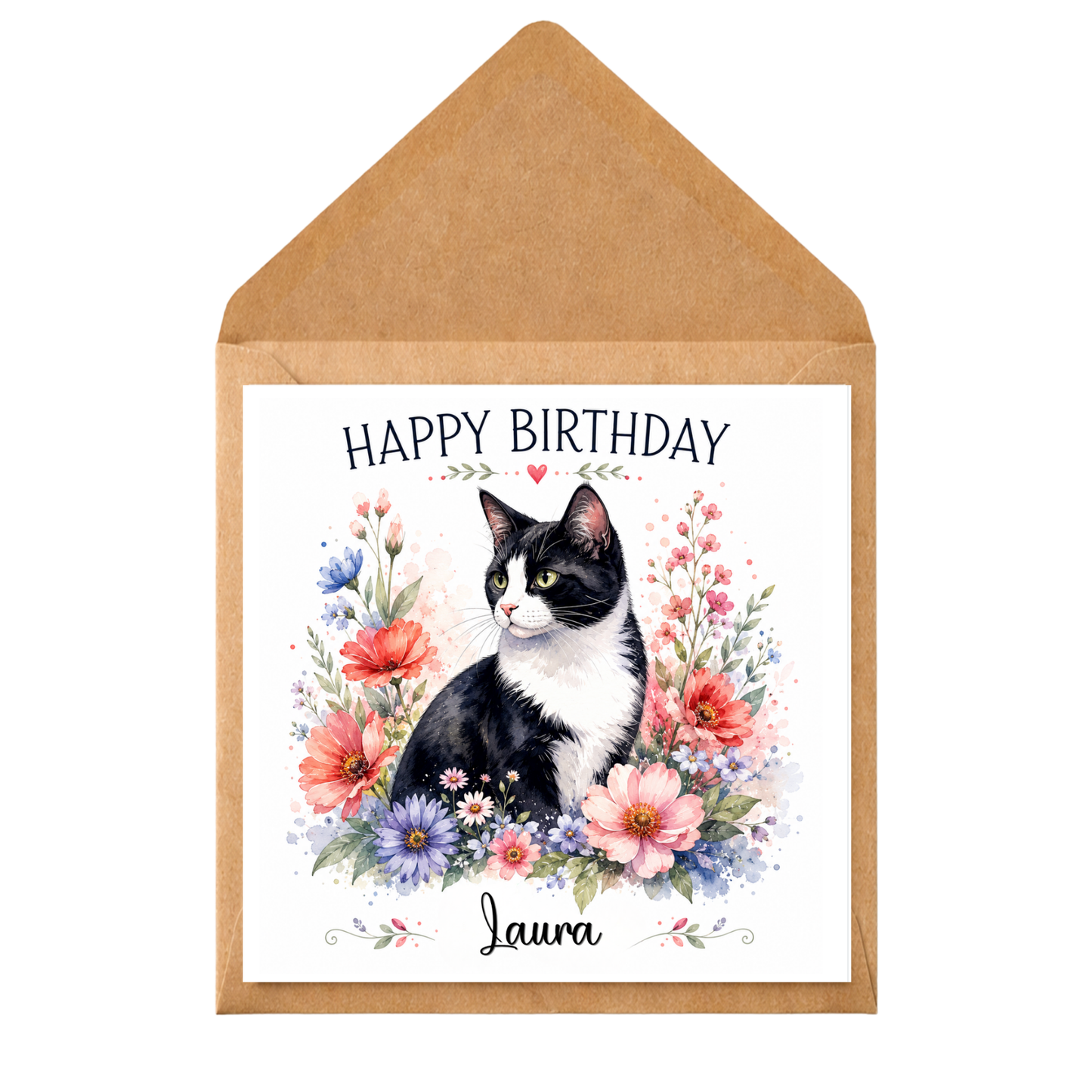 Personalised Cat Birthday Card, Black & White Cat Card, Custom Name Cat Lover Birthday Card, Floral Cat Birthday Card, Pet Lover Greeting Card