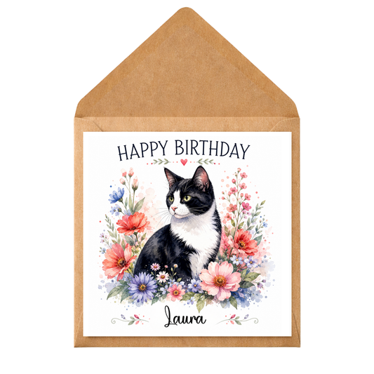 Personalised Cat Birthday Card, Black & White Cat Card, Custom Name Cat Lover Birthday Card, Floral Cat Birthday Card, Pet Lover Greeting Card