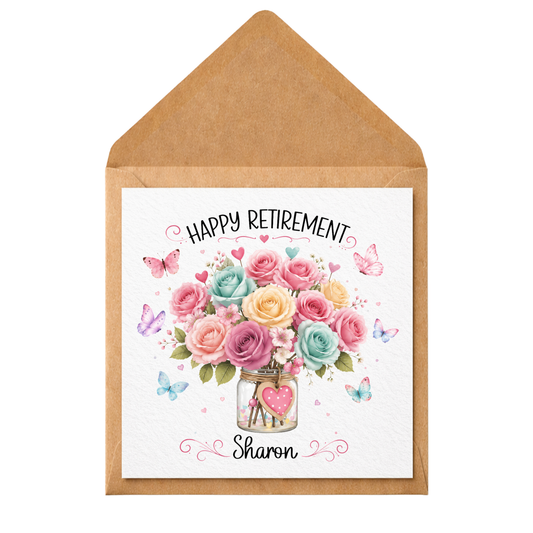 Personalised Retirement Card for Her – Happy Retirement Card with Name – Floral Retirement Card – Custom Retirement Card for Mum Friend Colleague
