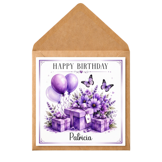 Personalised Purple Birthday Card – Custom Name Birthday Card – Elegant Floral & Butterfly Birthday Card – Any Recipient – Handmade Birthday Card