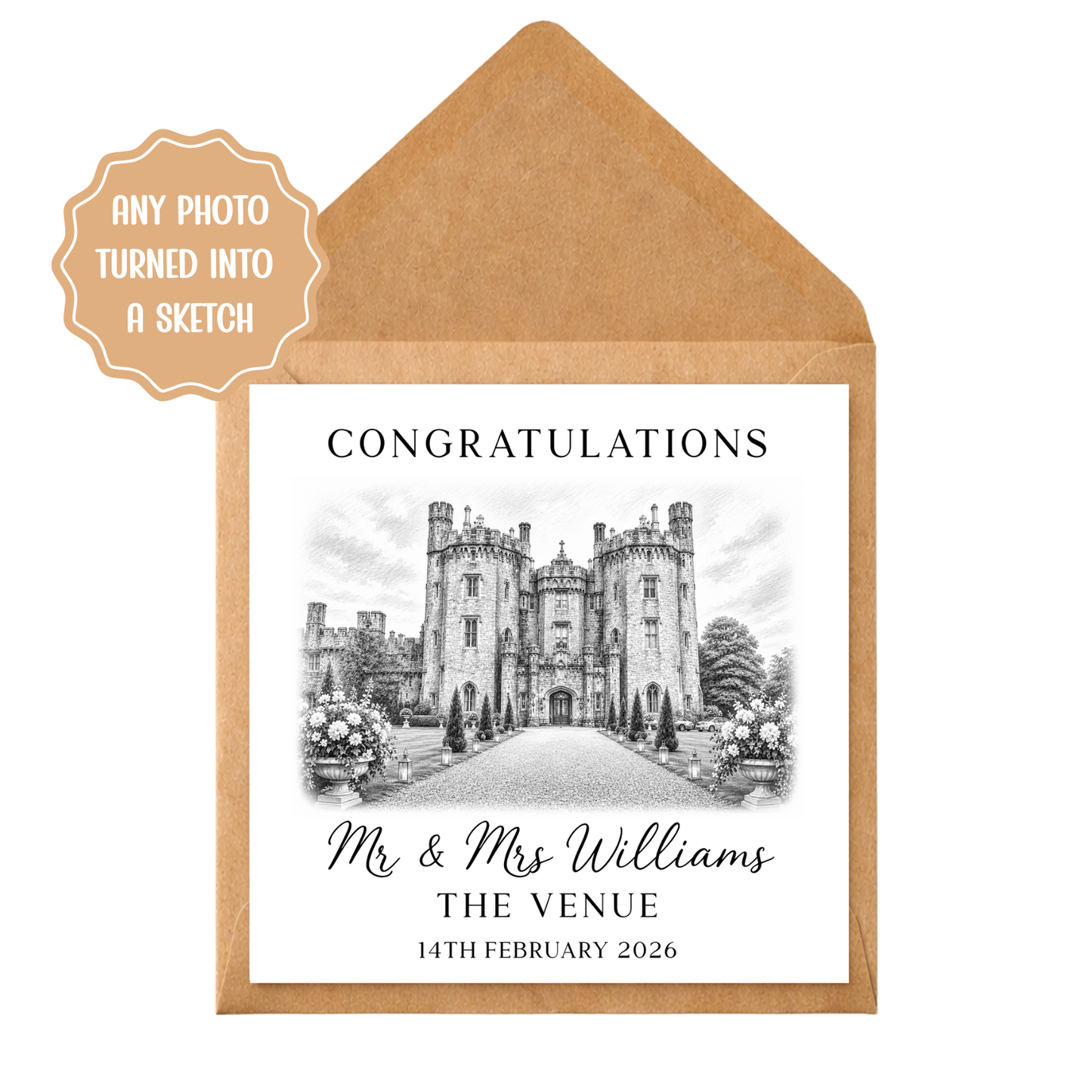 Personalised Wedding Venue Sketch Card, Custom Photo Illustration, Congratulations Keepsake