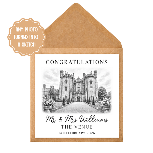 Personalised Wedding Venue Sketch Card, Custom Photo Illustration, Congratulations Keepsake