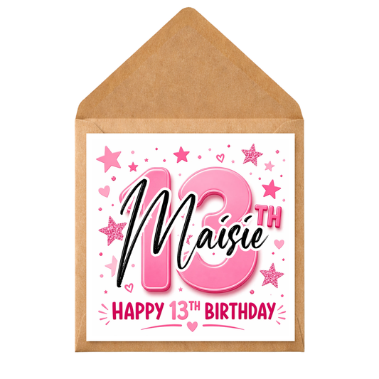 Personalised 13th Birthday Card for Girl | Custom Name 13th Birthday Card | Pink Teenage Birthday Card | Thirteenth Birthday Card Daughter Niece