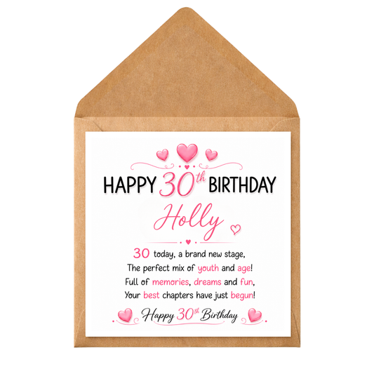 Personalised 30th Birthday Card for Her | Custom Name 30 Birthday Card | Pink Heart 30th Birthday Card | Happy 30th Card Daughter Friend Sister