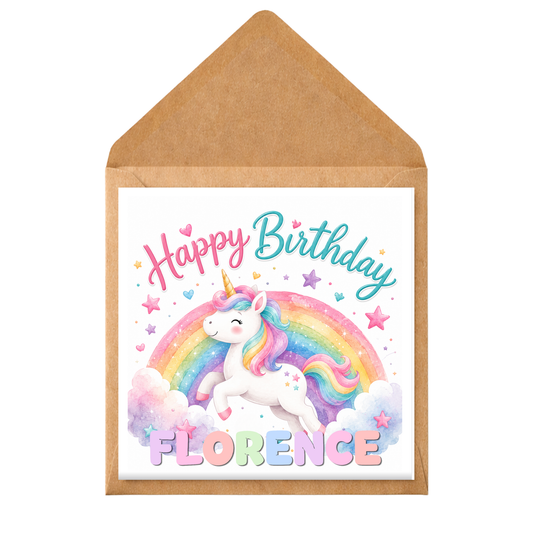 Personalised Unicorn Birthday Card – Any Age Girl Birthday Card – Rainbow Unicorn Card – Custom Name Kids Birthday Card – Magical Unicorn Card