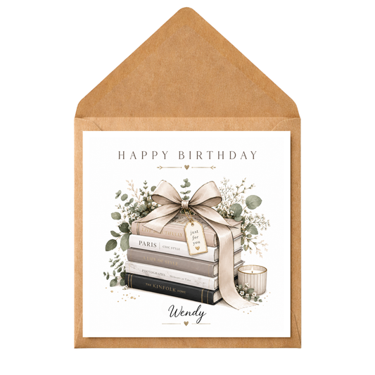 Personalised Book Lover Birthday Card | Elegant Books & Bow Birthday Card | Reader Gift Card | Custom Name Birthday Card for Her