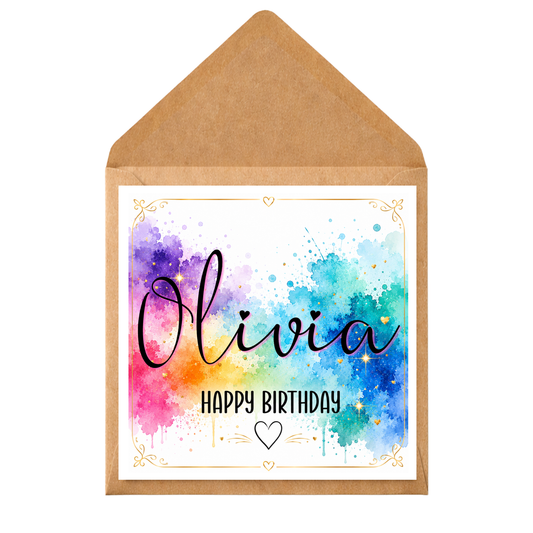 Personalised Watercolour Birthday Card | Custom Name Birthday Card | Colourful Splash Happy Birthday Card | Modern Birthday Card