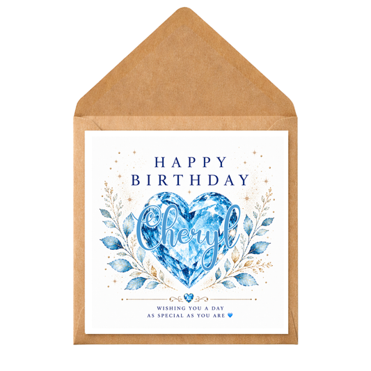 Personalised Birthday Card for Her | Blue Sapphire Heart Birthday Card | Custom Name Card | Luxury Birthday Card | Mum Wife Friend