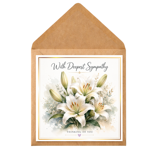 Personalised Sympathy Card – With Deepest Sympathy – Thinking of You Card – Condolence Card – Loss Bereavement Card – White Lily Floral Design
