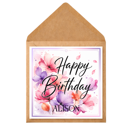 Personalised Floral Birthday Card – Custom Name Birthday Card – Elegant Flower Birthday Card – Pretty Birthday Card for Her