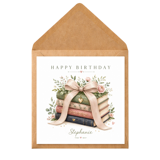 Personalised Book Lover Birthday Card | Floral Book Stack Birthday Card | Reader Birthday Card for Her | Custom Name Birthday Card | Elegant Bookworm Card