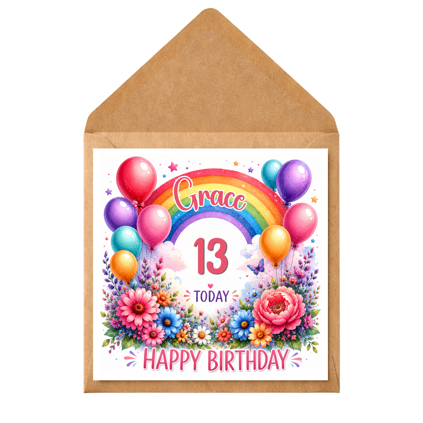 Personalised Rainbow Birthday Card | Custom Age Birthday Card | Floral Rainbow Birthday Card | Girls Birthday Card | Any Age
