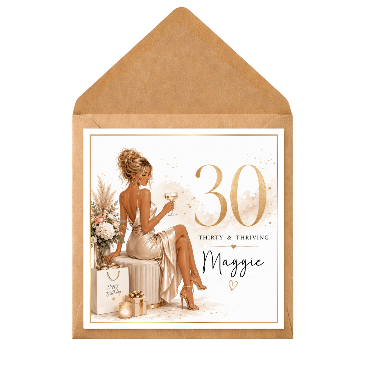 Personalised 30th Birthday Card for Her | Thirty & Thriving Birthday Card | Custom Name 30th Card | Elegant Champagne Gold Birthday Card
