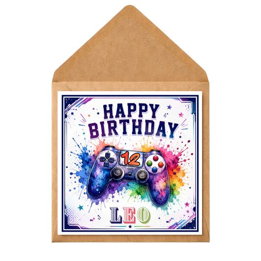 Personalised Gamer Birthday Card | Custom Age & Name | Gaming Controller Watercolour