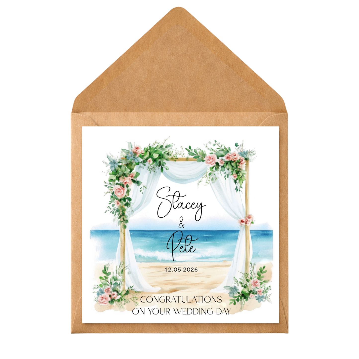 Personalised Beach Wedding Card – Coastal Wedding Congratulations Card – Custom Names & Date – Romantic Seaside Wedding Card