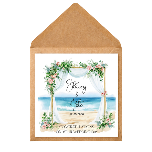 Personalised Beach Wedding Card – Coastal Wedding Congratulations Card – Custom Names & Date – Romantic Seaside Wedding Card