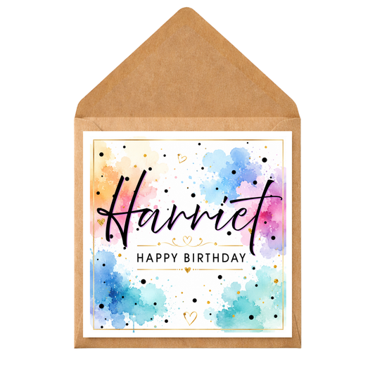 Personalised Watercolour Birthday Card – Custom Name Happy Birthday Card – Colourful Modern Polka Dot Card – Any Age Any Relation Birthday