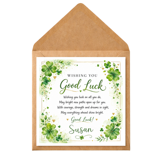 Personalised Good Luck Card | Lucky Clover Greeting Card | Custom Name Good Luck Card | Best Wishes Card | Exam New Job Driving Test Card