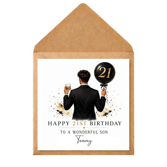 Personalised 21st Birthday Card for Son | Any Relation Birthday Card | Custom Name Birthday Card | Male 21st Birthday Card | Black & Gold Card
