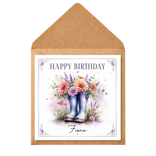 Personalised Birthday Card With Name | Floral Wellies Birthday Card | Custom Any Name Birthday Card | Pretty Flower Boots Card For Her