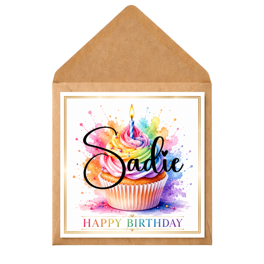 Personalised Cupcake Birthday Card – Any Name – Colourful Watercolour Cupcake Design