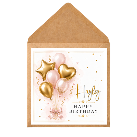 Personalised Birthday Card with Balloons | Custom Name Birthday Card | Pink & Gold Balloon Birthday Card | Personalised Happy Birthday Card for Her