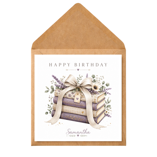 Personalised Lavender Book Lover Birthday Card | Purple Floral Reader Birthday Card | Custom Name Birthday Card for Her | Bookworm Gift Card